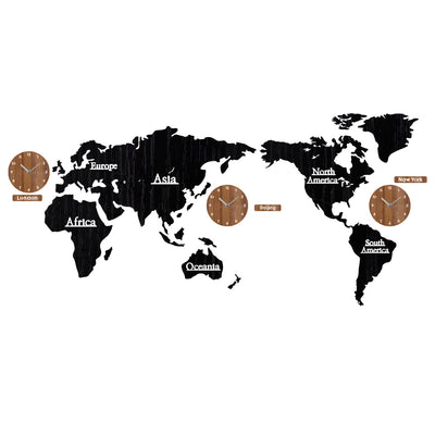 Creative Wooden World Map with 3 Clocks