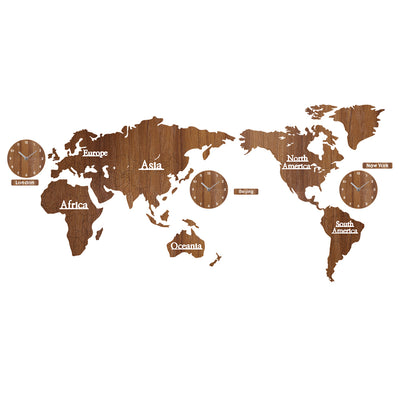 Creative Wooden World Map with 3 Clocks