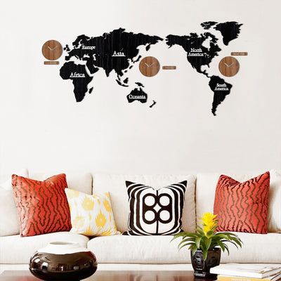 Creative Wooden World Map with 3 Clocks