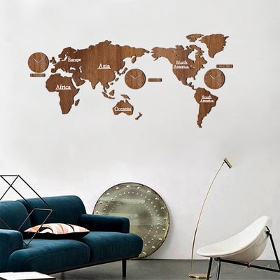 Creative Wooden World Map with 3 Clocks