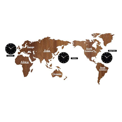 Creative Wooden World Map with 3 Clocks